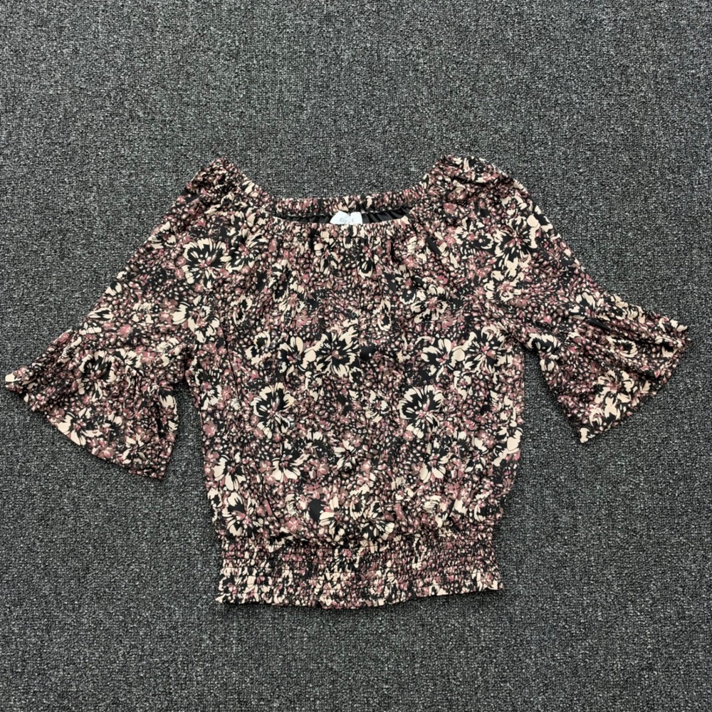Evereve Floral Smocked Waist Flutter Sleeve Top Women Small Pink Black romantic